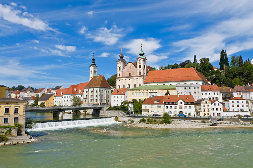 View to the Michaelerkirche. Steyr is the third largest town in Upper Austria. Confluence of the river Steyr and river Enns.