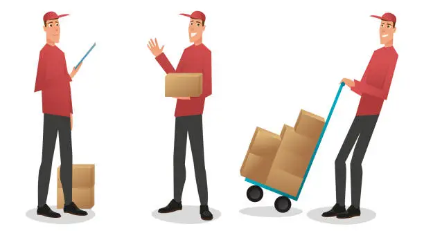 Vector illustration of Courier delivery box with the order. Young Man Character Set with Poses Vector Illustration