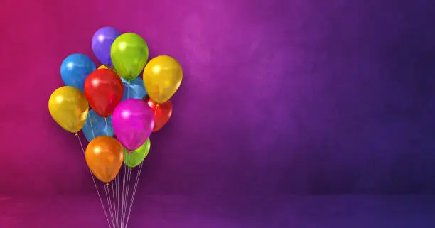 Colorful balloons bunch on a purple wall background. Horizontal banner. 3D illustration render