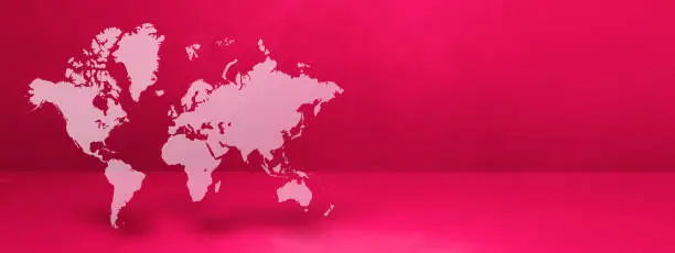 World map isolated on pink wall background. 3D illustration. Horizontal banner
