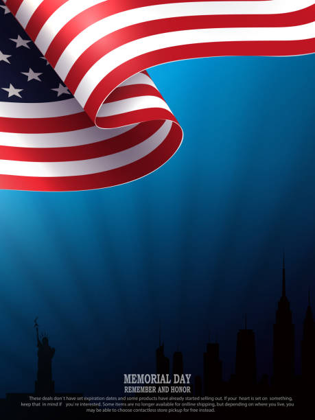 blaue illustration mit silhouette von winkenden usa flagge, silhouette von gebäuden, helle lichtstrahlen, unabhängigkeitstag, design-element - usa presidents flash stock-grafiken, -clipart, -cartoons und -symbole