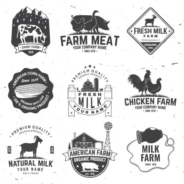 Vector illustration of American Farm Badge or Label. Vector. Vintage typography design with chicken, pig, cow and farm house silhouette. Elements on the theme of the milk, pork and chicken farm business.