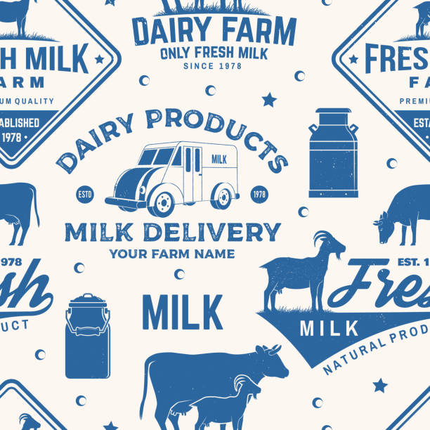 Milk farm seamless pattern or background. Vector. Seamless dairy farm pattern with cow, goat, milk can silhouette. Texture for dairy and milk farm business - shop, market, packaging and menu