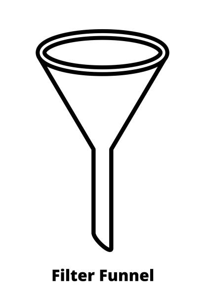 Vector line or outline black and white stroke icon of laboratory plain filter funnel isolated on white. Vector line or outline black and white icon of laboratory plain filter funnel with stroke isolated on a white background. Funnel with short neck – cone-shaped triangular funnel. Laboratory glassware. h2o molecules clip art stock illustrations