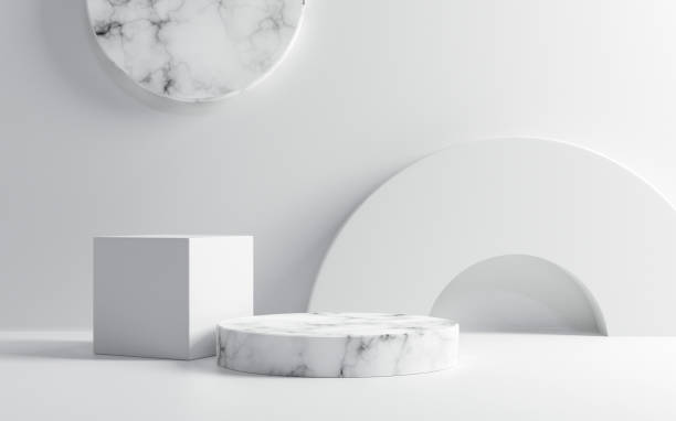 istock Empty white marble podium on pastel white color background, Product Stand. 1315972874