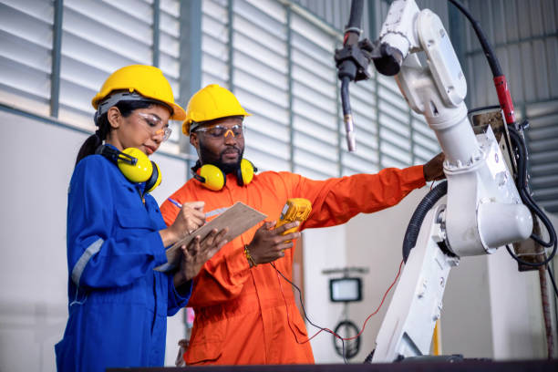istock Engineer and technician are checking the robotic arm's current in the factory. 1315973625