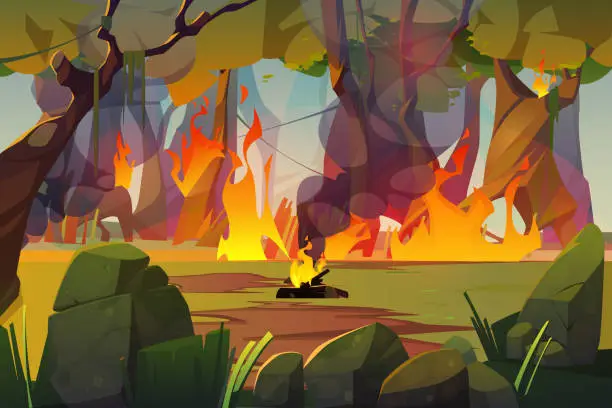 Vector illustration of Fire in camping and burning forest, wildfire