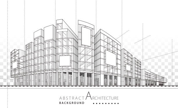 абстрактная архитектура строительство черно-белой линии рисования. - city urban scene planning black and white stock illustrations