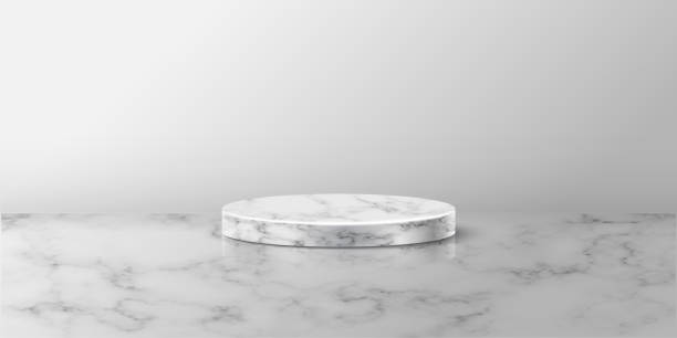 istock Gray marble round podium for product. 3d pedestal in stone pattern vector illustration. Geometric stage on floor in room. Abstract realistic place for advertising or decoration 1315977915