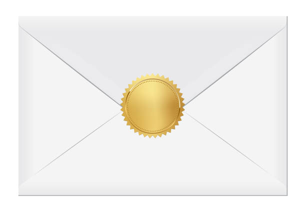 White elegant envelope with gold stamp. Blank mail paper card mock up vector illustration. Realistic modern empty postcard template isolated on white background. Postal mail document with golden seal White elegant envelope with gold stamp. Blank mail paper card mock up vector illustration. Realistic modern empty postcard template isolated on white background. Postal mail document with golden seal. gold envelope stock illustrations