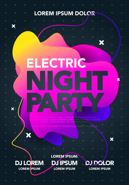 ilustraciones, imágenes clip art, dibujos animados e iconos de stock de cartel de fiesta nocturna eléctrica vectorial con forma líquida de colores. plantilla de volante de club abstracto con gradientes formas fluidas. - party dj nightclub party nightlife