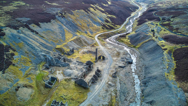 Aerial view of disused Old Gang lead smelting works, Arkengarthdale, Swaledale, Yorkshire Dales, North Yorkshire, England, Britain Derelict Victorian industrial architecture in rural setting lead mine stock pictures, royalty-free photos & images
