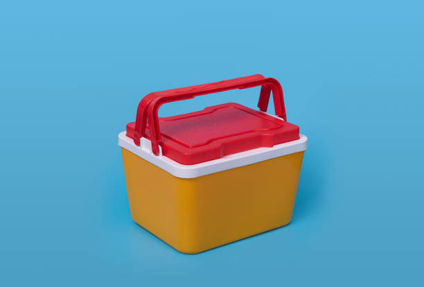 istock Handheld red and yellow refrigerator on blue background 1315979867