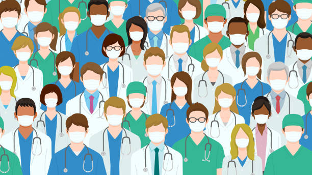 grupa pracowników służby zdrowia w maskach medycznych. - female doctor doctor medical instrument nurse stock illustrations
