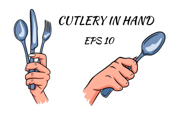 istock Cutlery. Fork, spoon and knife in hand. Cartoon style. A restaurant. 1315985632