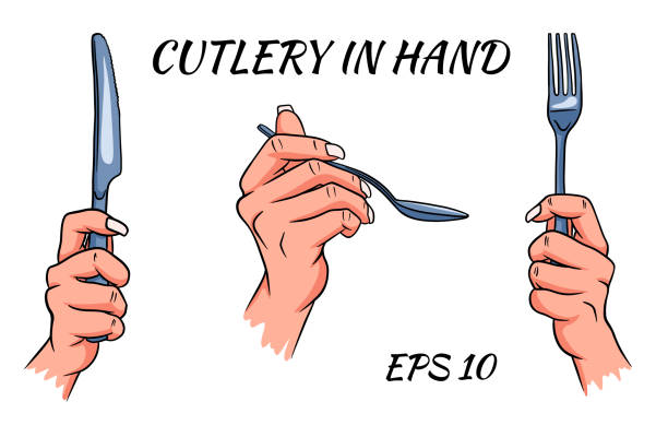 istock Cutlery. Fork, spoon and knife in hand. Cartoon style. A restaurant. 1315985671