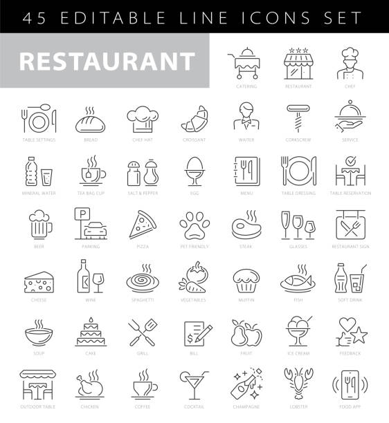 restaurant - 얇은 선 벡터 아이콘 세트. 픽셀 완벽. 편집 가능한 스트로크. 레스토랑, 피자, 햄버거, 고기, 생선, 해산물, 채식 음식, 샐러드, 커피, 디저트, 수프, 맥주, 알코올 : 세트는 아이콘이 포� - restaurant icons stock illustrations