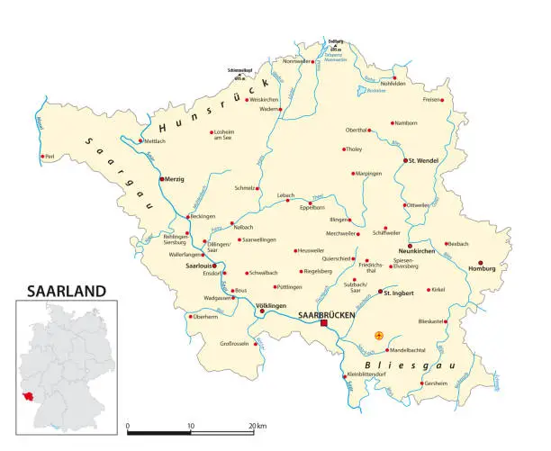 Vector illustration of Map of the state of Saarland in German language