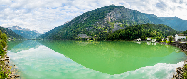 Lago di Poschiavo with Bernina range reflected in the water, Swiss canton of Graubunden (7 shots stitched)