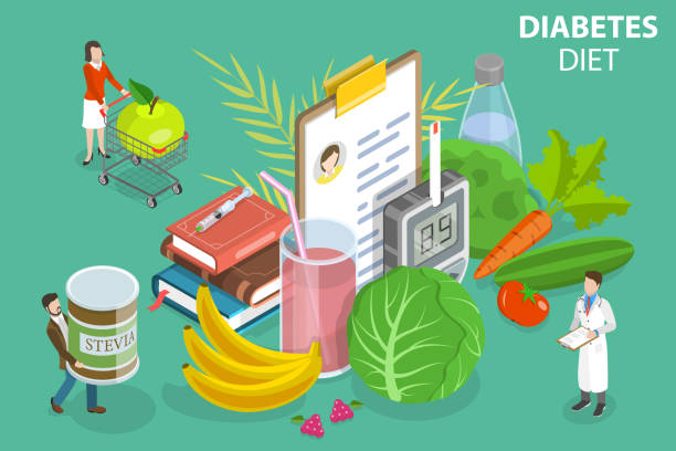 3d izometryczne płaskie wektor koncepcyjne ilustracja cukrzycowej żywności - healthy eating diabetes dieting healthcare and medicine stock illustrations