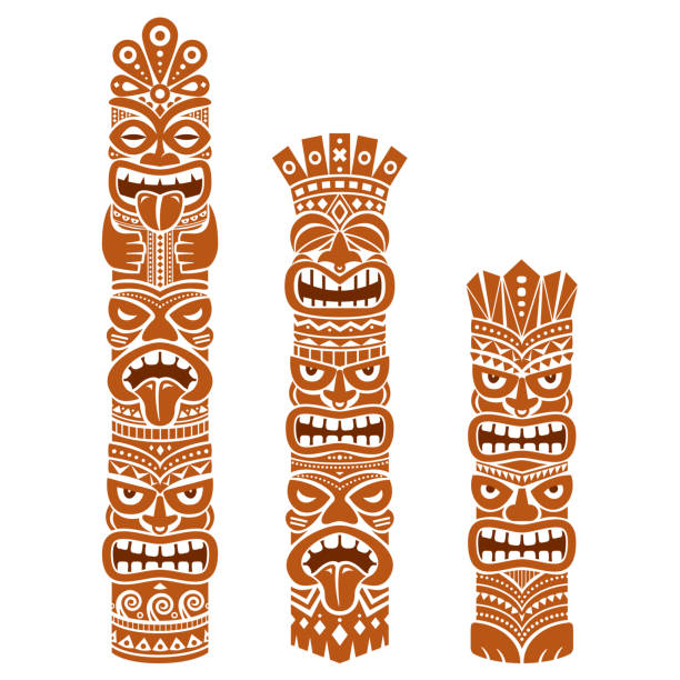 Hawaiian and Polynesia Tiki pole totem vector design - brown tribal folk art background, two or three heads statue Native tiki illustration from Hawaii and Polynesia on white background, gods faces with crowns traditionally carved in wood totem pole stock illustrations