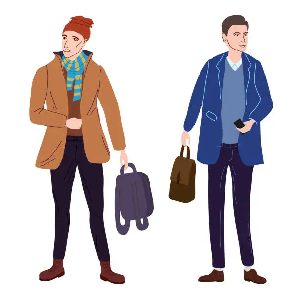 Vector illustration of Couple Young mans students in modern spring trendy clothes. Fashion casual outerwear street style characters. Flat cartoon style vector isolated illustration