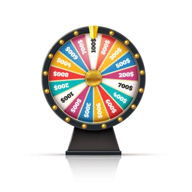 Vector illustration of Wheel fortune. Lucky game casino prize spinning roulette, win jackpot money lottery circle with colored sections and arrow. Random gifts chance winning. Vector gambling isolated illustration