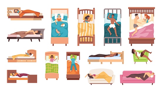 People sleep. Men women and kids asleep beds different poses, hugging with pillow, insomnia and healthy dream, human recovery, rest and recreation. Top and side view vector cartoon flat isolated set