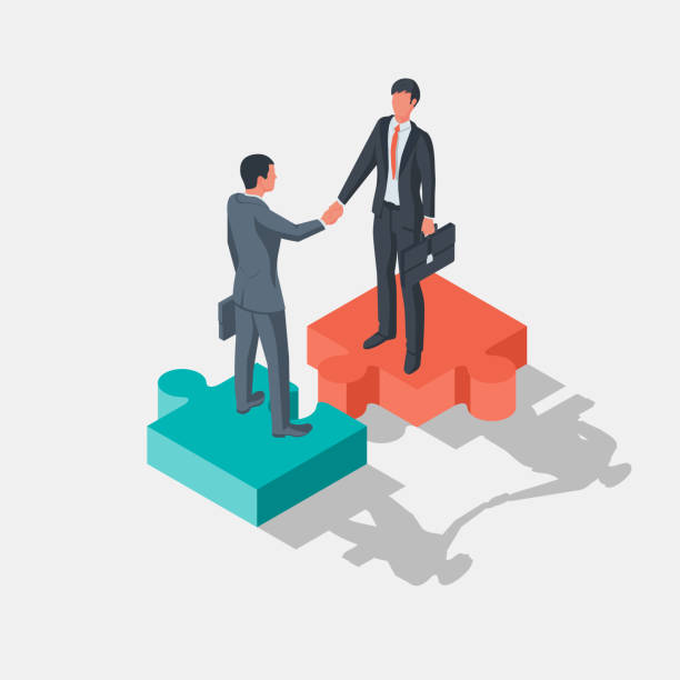 Two businessmen stand on pieces of puzzle as symbol of connection Two businessmen stand on pieces of puzzle as symbol of connection. Combining two alliances. Partnership concept. Business meeting. Handshake symbol successfu deal. Vector illustration isometric design diplomacy stock illustrations