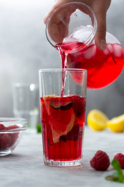 istock Pouring raspberries cold drink with lemon, mint and berries. Homemade cocktail. 1316005208