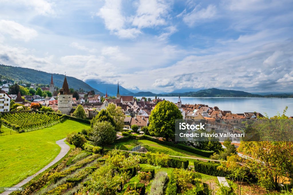 Switzerland - Panorama of Zug Panorama of Zug, the capital of the Swiss canton of Zug Switzerland Stock Photo