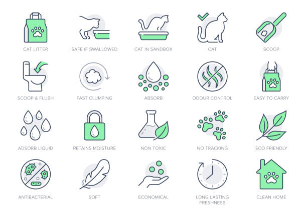 Cat litter line icons. Vector illustration include icon - sandbox, kitty tray filter, bag, biodegradable, natural outline pictogram for animal toilet absorber. Green Color, Editable Stroke Cat litter line icons. Vector illustration include icon - sandbox, kitty tray filter, bag, biodegradable, natural outline pictogram for animal toilet absorber. Green Color, Editable Stroke. unpleasant smell stock illustrations