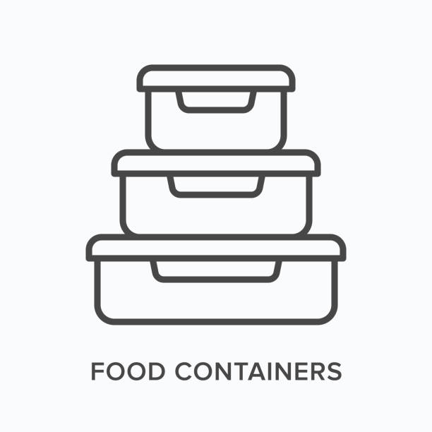 Food containers flat line icon. Vector outline illustration of lunchbox. Black thin linear pictogram for plastic meal storage Food containers flat line icon. Vector outline illustration of lunchbox. Black thin linear pictogram for plastic meal storage. polystyrene box stock illustrations