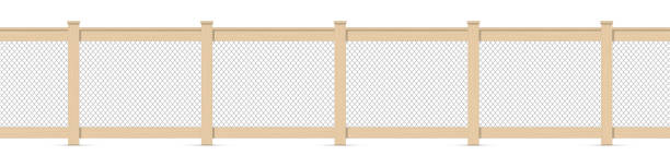 Wooden fence with a chain mesh fencing. 3D realistic vector illustration isolated on white Wooden fence with a chain mesh fencing. Wood garden fence with metal wire chain link fence. Horse or chicken steel wire mesh. 3D realistic vector illustration isolated on white background. wood and wire fence designs pictures stock illustrations