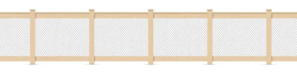 Vector illustration of Wooden fence with a chain mesh fencing. 3D realistic vector illustration isolated on white