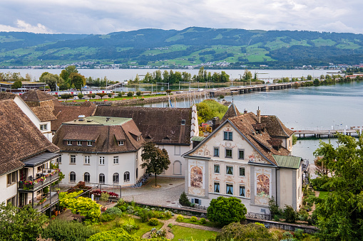 View of Rapperswil-Jona, Swiss canton of St. Gallen. In foreground is the Curti-Haus, a 16th-century building decorated with mosaics and paintings