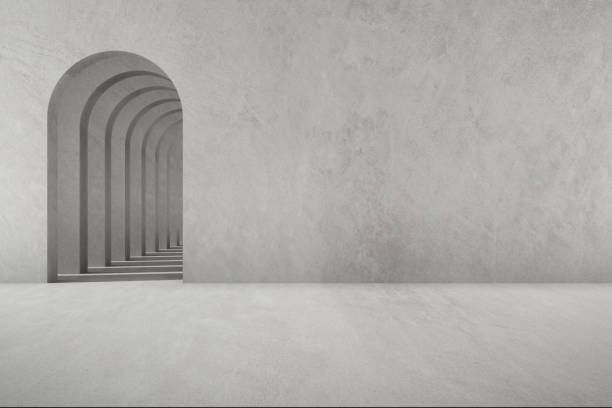 istock 3d render of empty concrete room with large arch window, Empty wall space for product presentation. 1316006719
