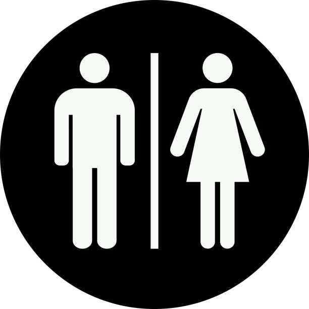 Unisex toilet sign. Unisex toilet sign. Men, women silhouette isolated on circle black background. bathroom stock illustrations