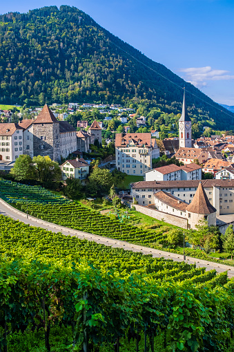 Panorama of the beautiful old town of Chur, the capital town of the Swiss canton of Graubunden. In foreground vineyards and the former prison Sennhof.