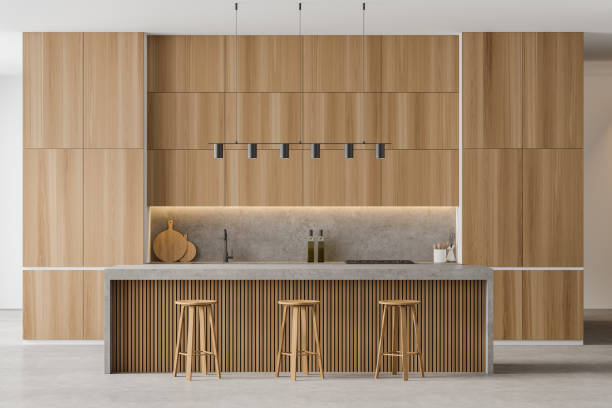 istock Wooden dining room, bar chairs and table 1316009128