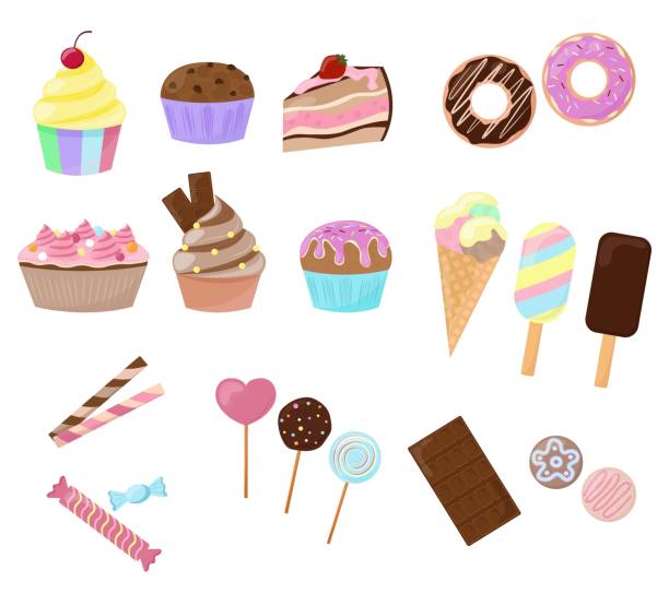 ilustrações, clipart, desenhos animados e ícones de conjunto de doces isolados no fundo branco. coleção de sobremesas. cupcakes, rosquinhas e biscoitos são decorados com polvilho, creme e frutas. ilustração vetorial - flavored ice lollipop candy affectionate