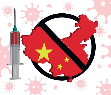 China Concept. Map Template. Coronavirus and Vaccine concept. Prohibited sign. Wuhan coronavirus outbreak flu and pandemic concept banner flat style illustration background