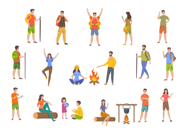 Set of tourist, backpackers, hikers. People having rest outdoors. Male and female cartoon characters during hiking adventures Set of tourists, backpackers, hikers. People having rest outdoors. Family travel. Male and female cartoon characters during hiking adventures. Flat vector illustrations isolated on white background person hiking stock illustrations