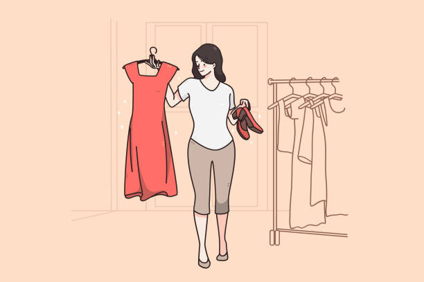 illustrazioni stock, clip art, cartoni animati e icone di tendenza di scelta difficile e concetto di camerino - dressing room women female adult