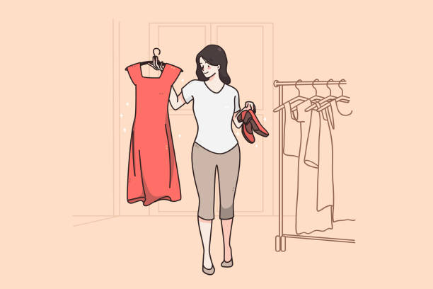 하드 선택 과 피팅 룸 개념 - boutique fashion indoors shopping stock illustrations