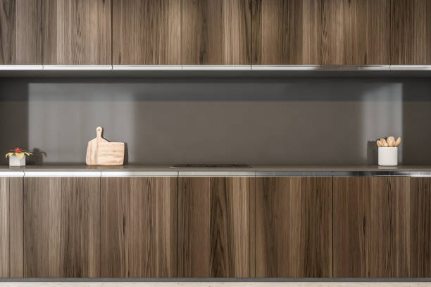 istock Hardwood brown kitchen set with shelves 1316012840