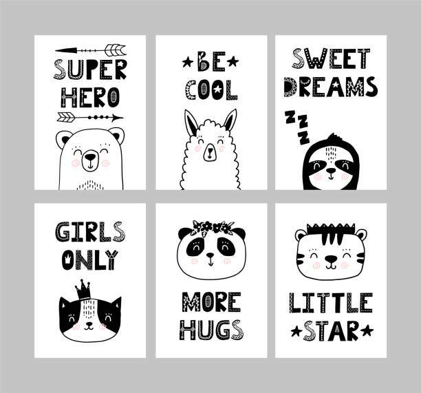 ilustrações de stock, clip art, desenhos animados e ícones de scandinavian cards. handdrawn nursery posters. vector monochrome nordic stykle prints for child. bear llama cat panda tiger amimals - super baby