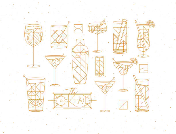 Art deco cocktails they set gold Art deco cocktails set drawing in gold line style on white background art deco illustrations stock illustrations