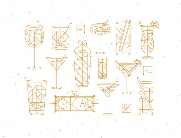 Art deco cocktails they set gold Art deco cocktails set drawing in gold line style on white background cocktail patterns stock illustrations