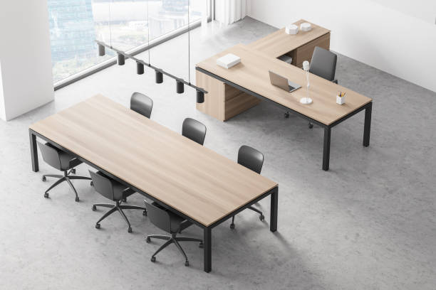 istock Modern office contemporary interior. Conference table. CEO desk. City view, panoramic window. Top view 1316013809